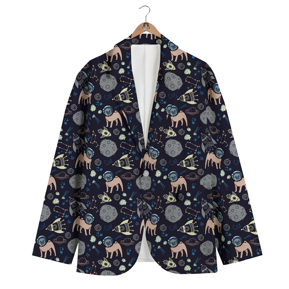 Pug And Astronaut In The Space Print Pattern Men's Blazer-grizzshop