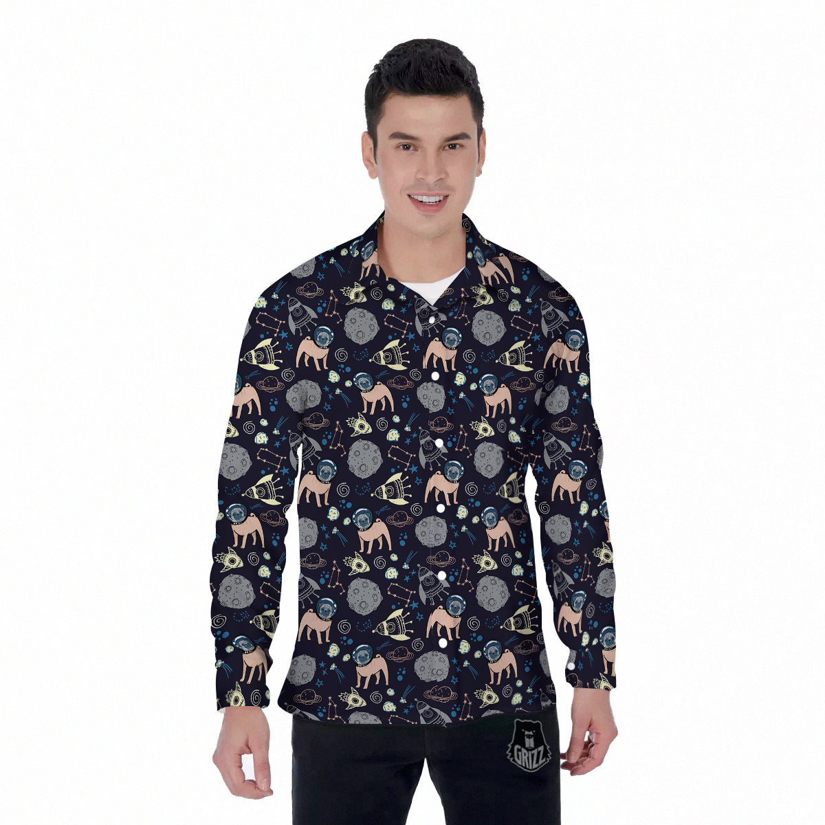 Pug And Astronaut In The Space Print Pattern Men's Long Sleeve Shirts-grizzshop