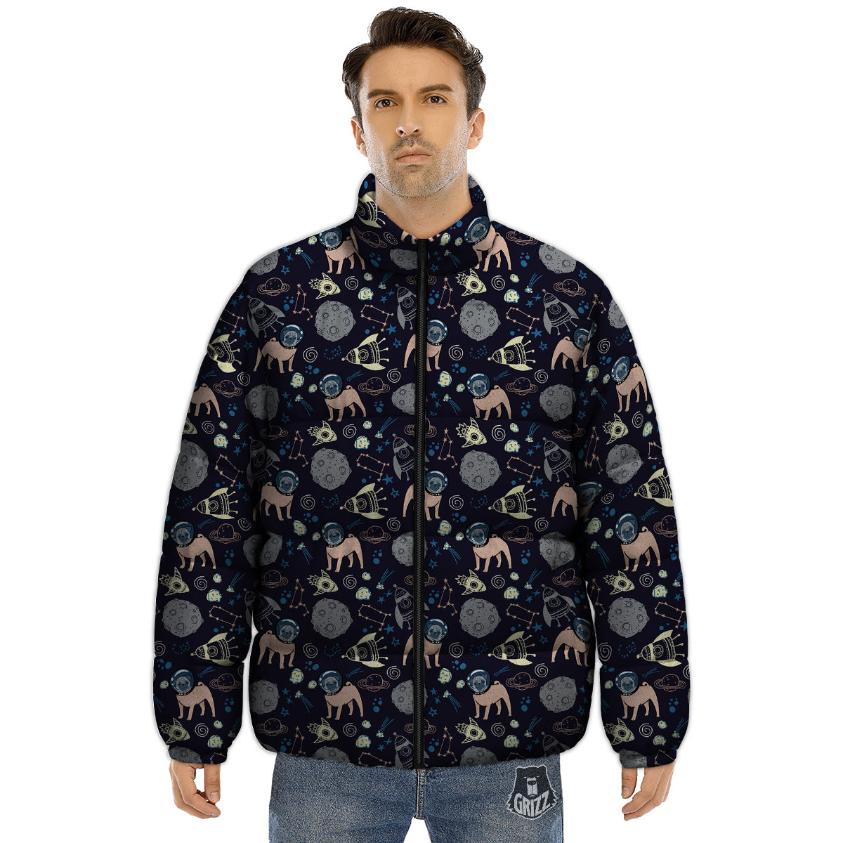 Pug And Astronaut In The Space Print Pattern Puffer Jacket-grizzshop