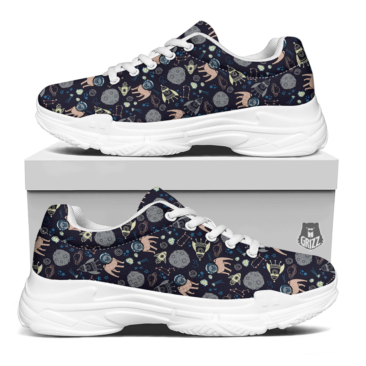 Pug And Astronaut In The Space Print Pattern White Chunky Shoes-grizzshop