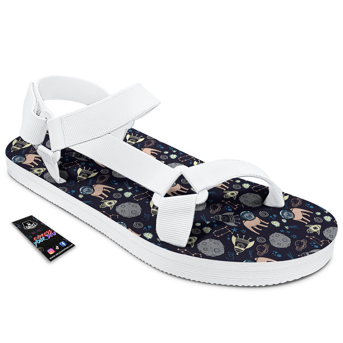 Pug And Astronaut In The Space Print Pattern White Open Toe Sandals-grizzshop