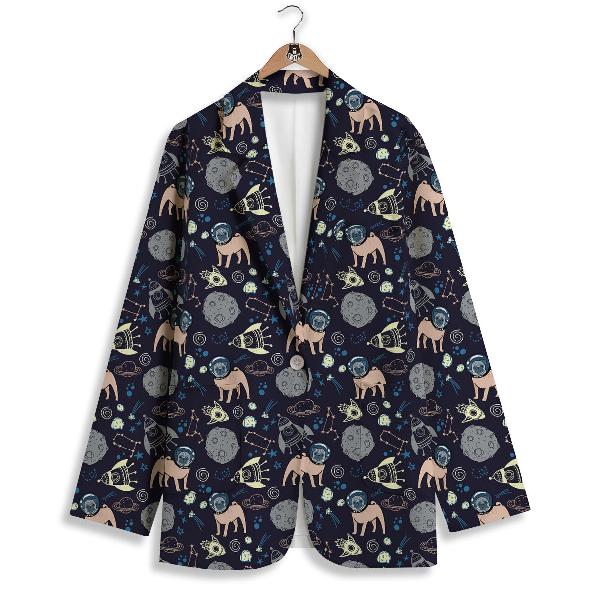 Pug And Astronaut In The Space Print Pattern Women's Blazer-grizzshop