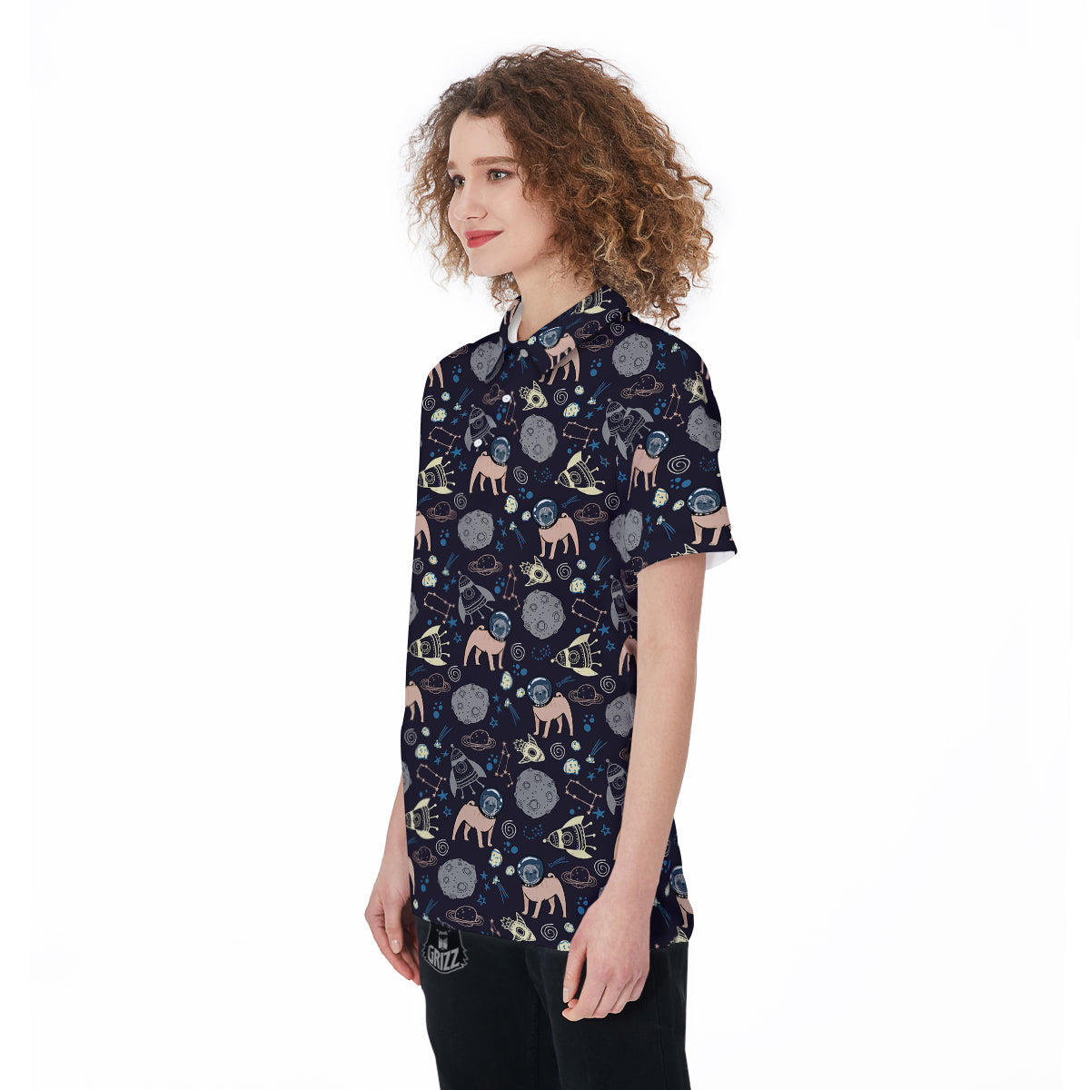 Pug And Astronaut In The Space Print Pattern Women's Golf Shirts-grizzshop