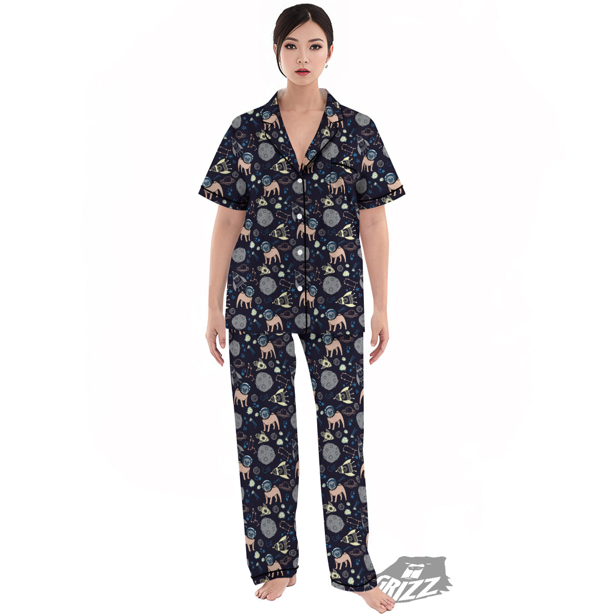 Pug And Astronaut In The Space Print Pattern Women's Pajamas Set-grizzshop