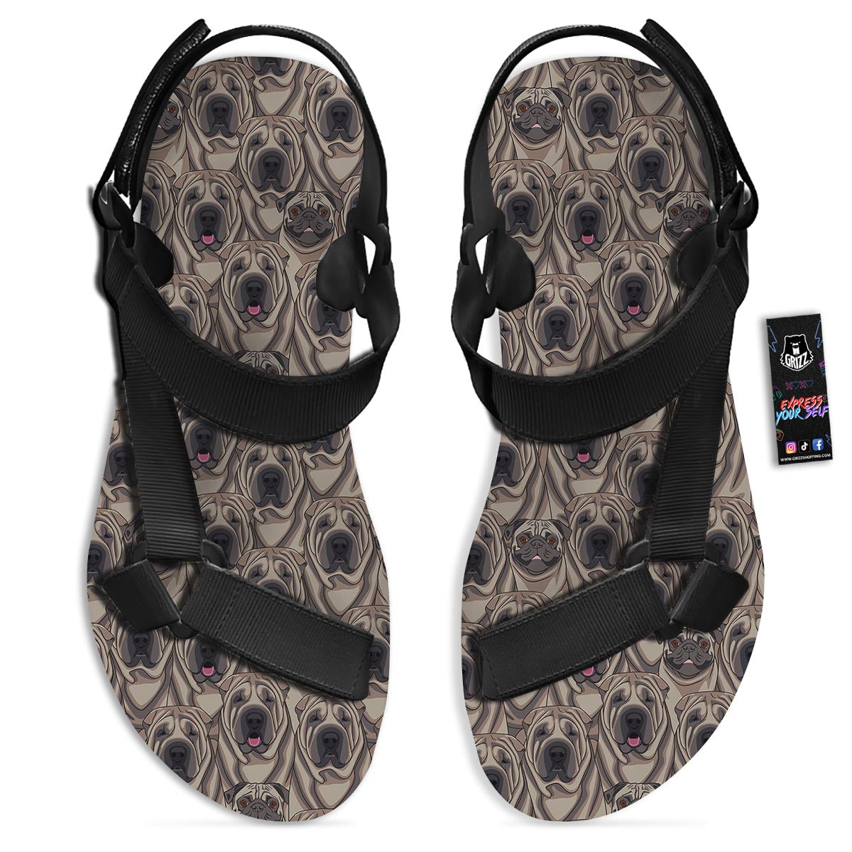 Pug And Shar Pei Print Pattern Black Open Toe Sandals-grizzshop