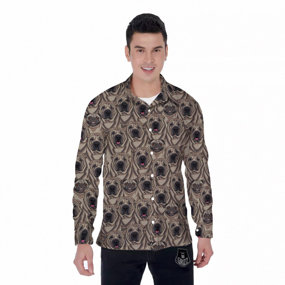 Pug And Shar Pei Print Pattern Men's Long Sleeve Shirts-grizzshop