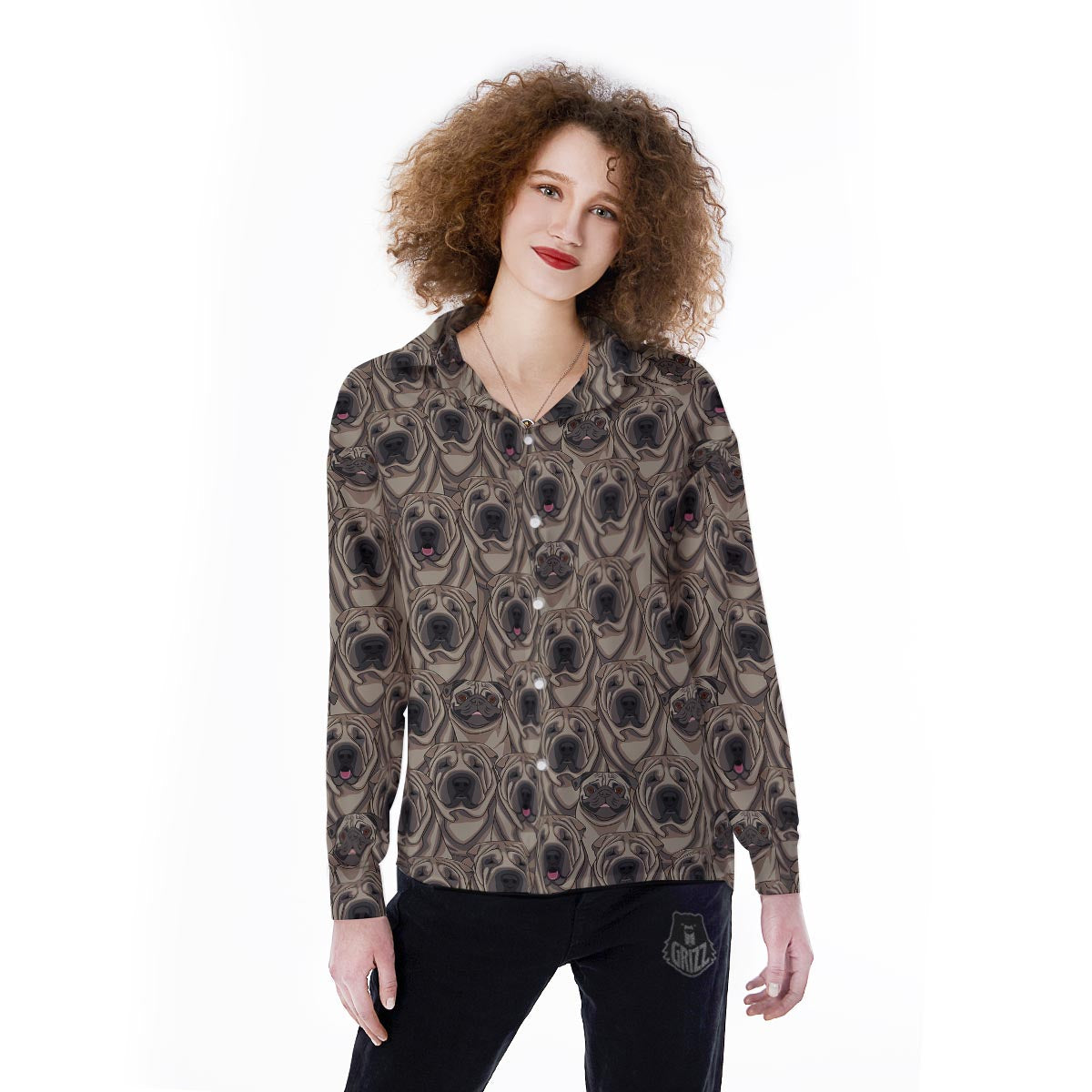 Pug And Shar Pei Print Pattern Women's Long Sleeve Shirts-grizzshop