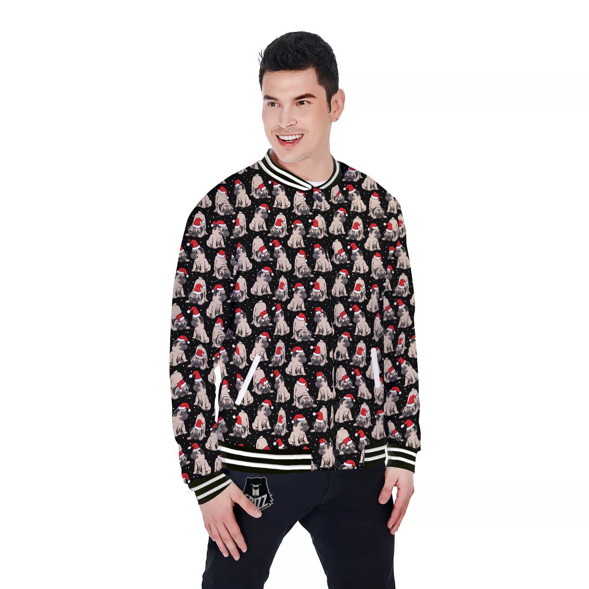 Pug Christmas Santa Print Pattern Baseball Jacket-grizzshop