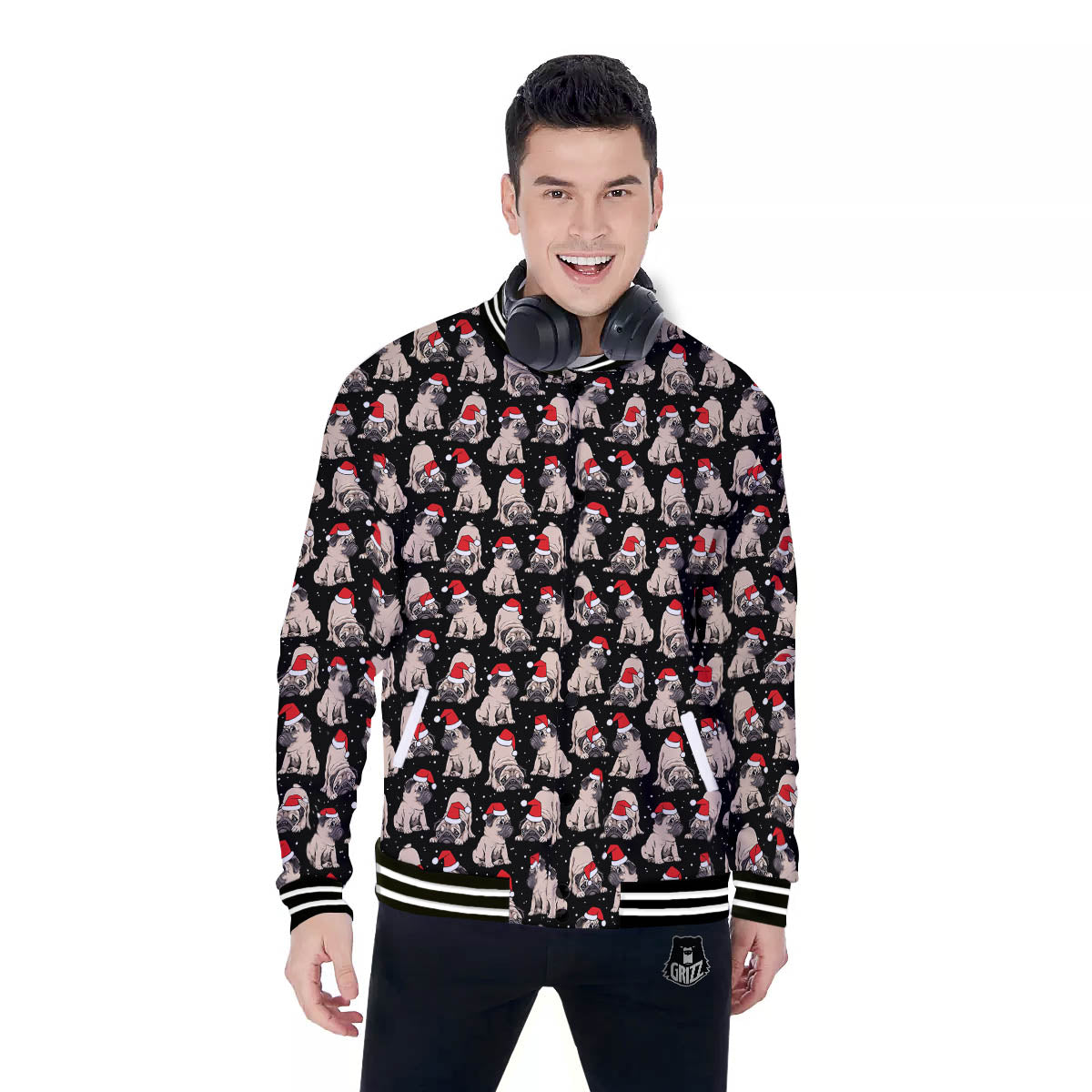 Pug Christmas Santa Print Pattern Baseball Jacket-grizzshop