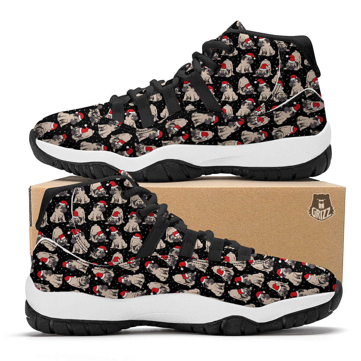 Pug Christmas Santa Print Pattern Black Bball Shoes-grizzshop