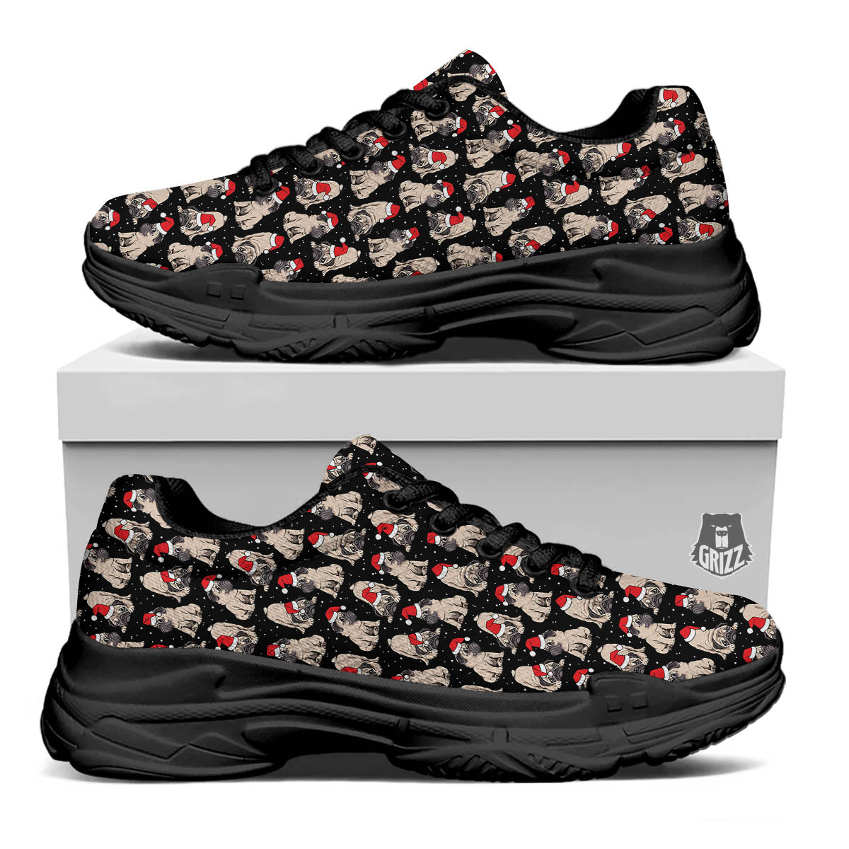 Pug Christmas Santa Print Pattern Black Chunky Shoes-grizzshop