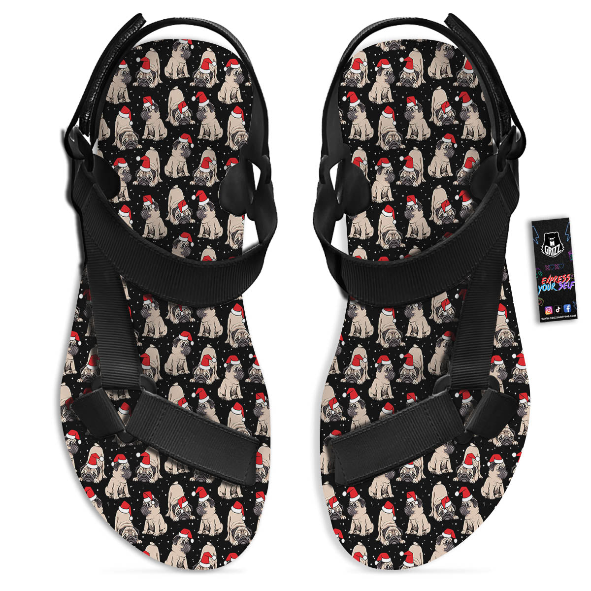 Pug Christmas Santa Print Pattern Black Open Toe Sandals-grizzshop