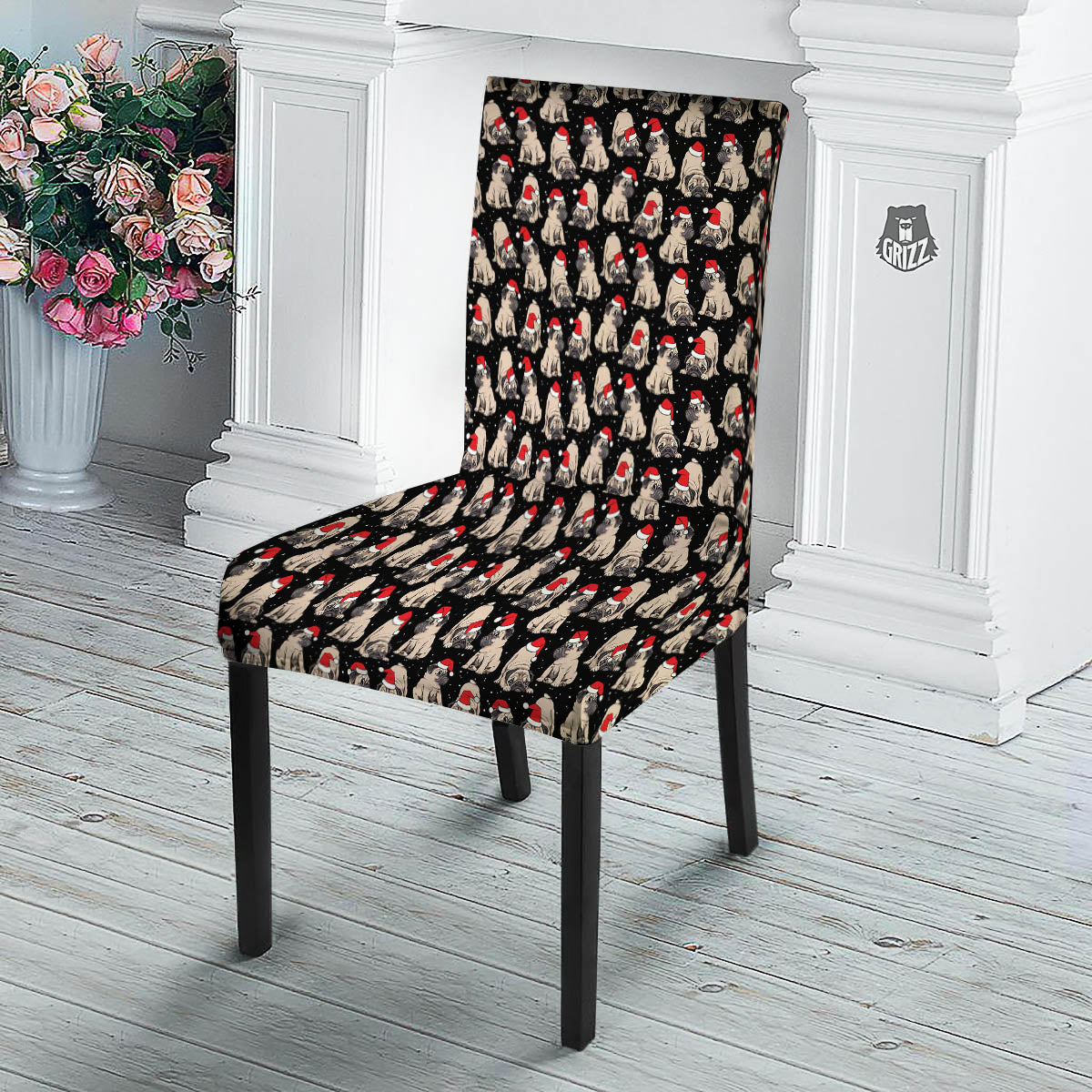 Pug Christmas Santa Print Pattern Dining Chair Slipcover-grizzshop