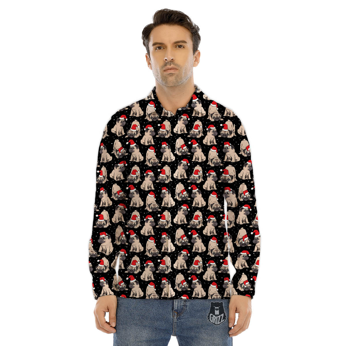 Pug Christmas Santa Print Pattern Men's Dress Shirts-grizzshop