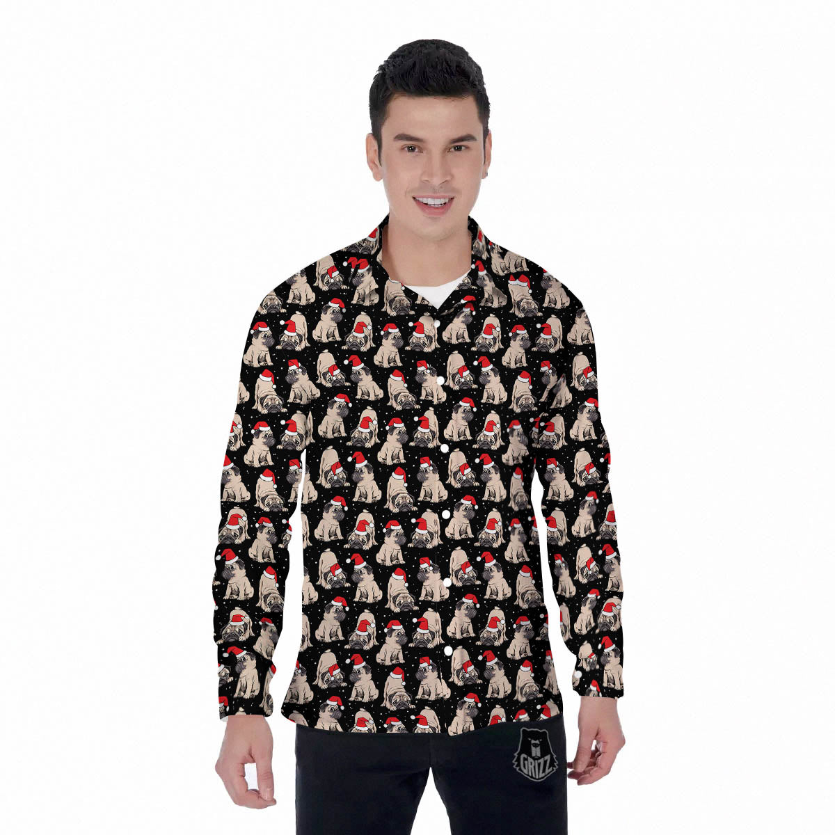 Pug Christmas Santa Print Pattern Men's Long Sleeve Shirts-grizzshop