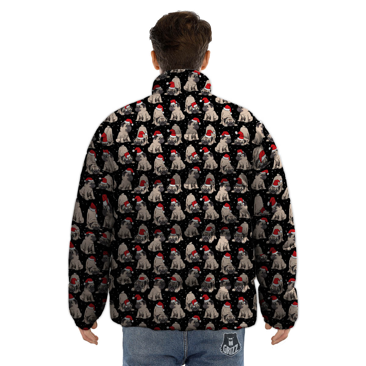 Pug Christmas Santa Print Pattern Puffer Jacket-grizzshop