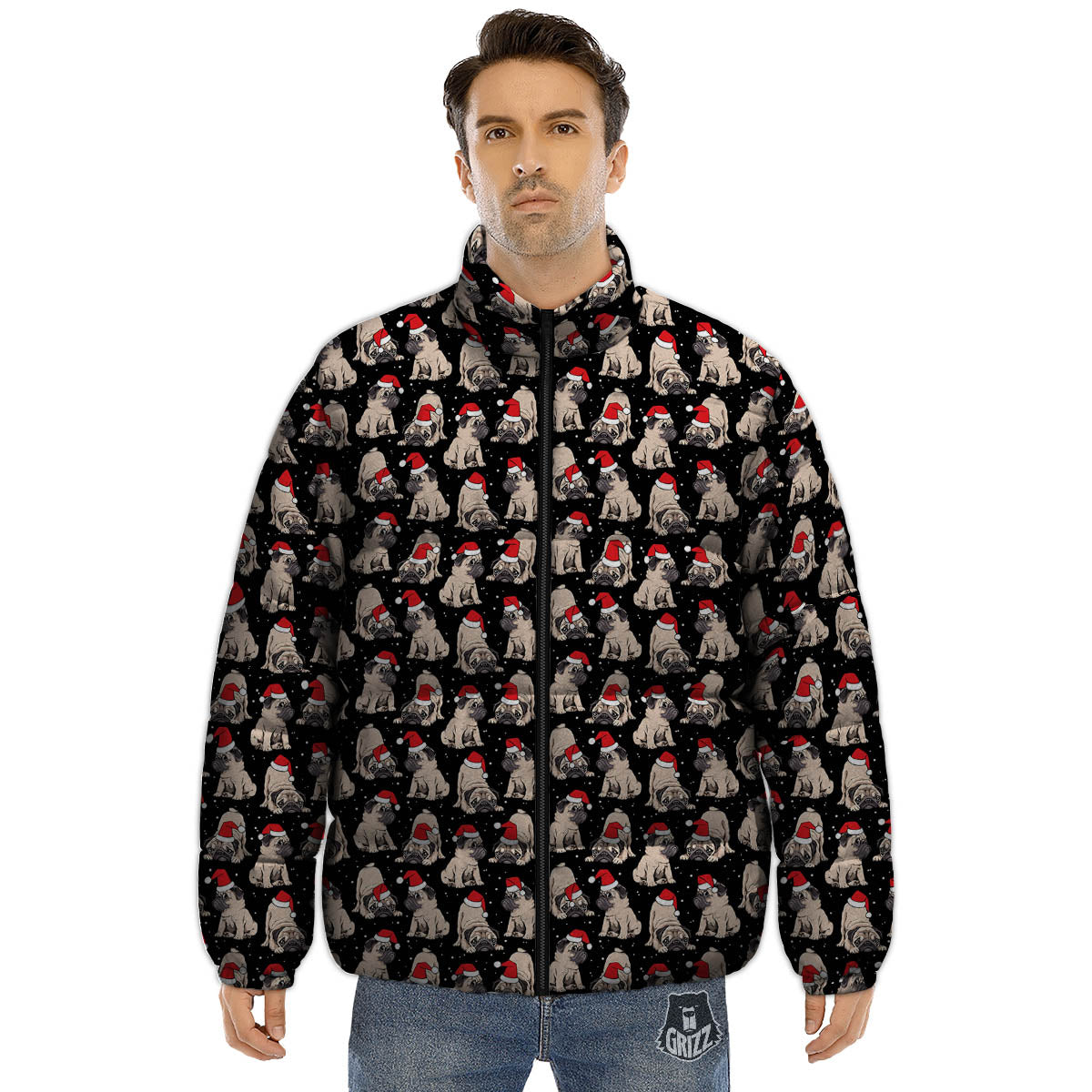 Pug Christmas Santa Print Pattern Puffer Jacket-grizzshop