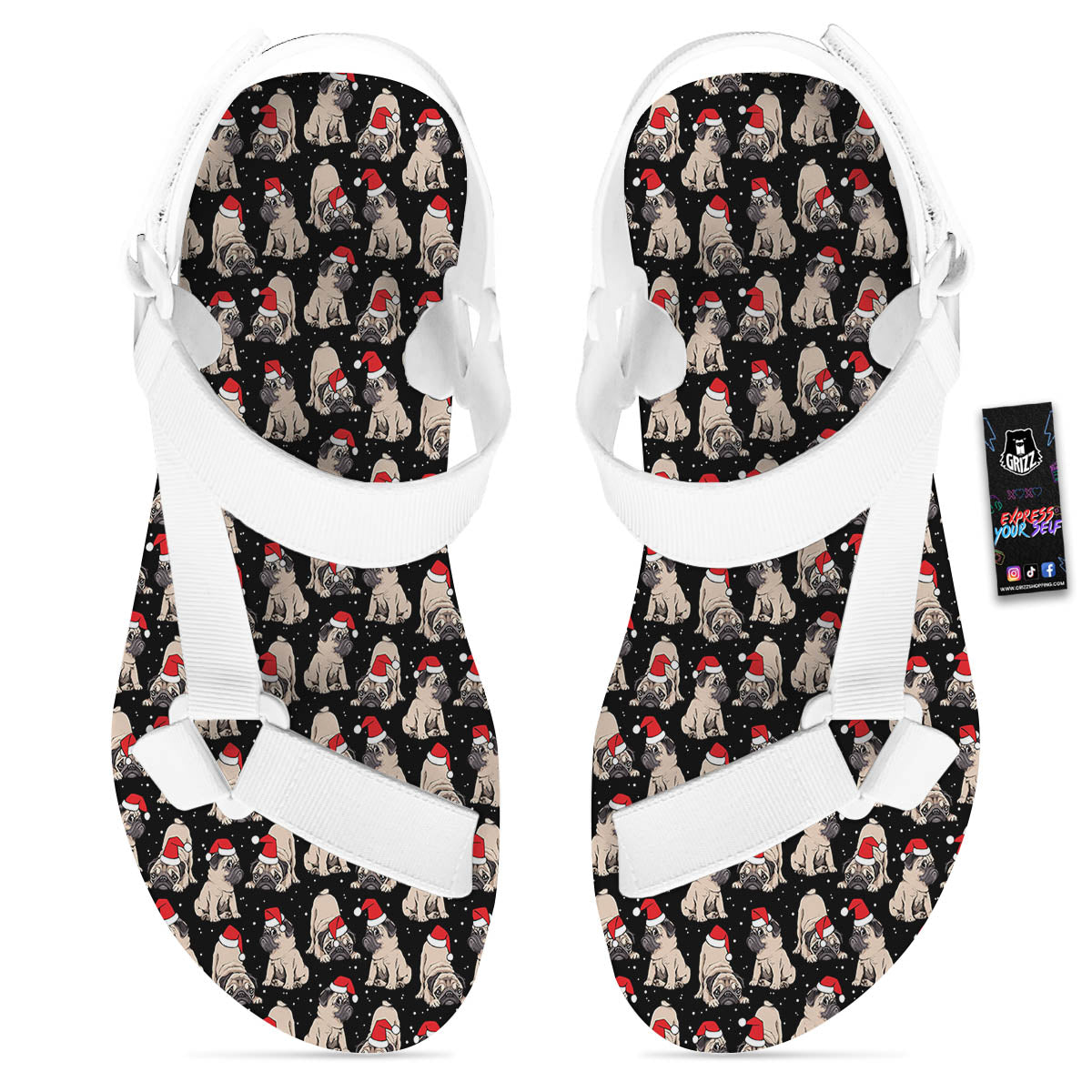 Pug Christmas Santa Print Pattern White Open Toe Sandals-grizzshop