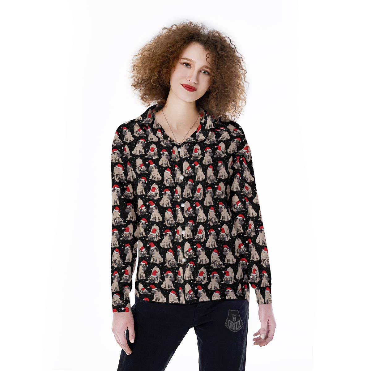 Pug Christmas Santa Print Pattern Women's Long Sleeve Shirts-grizzshop