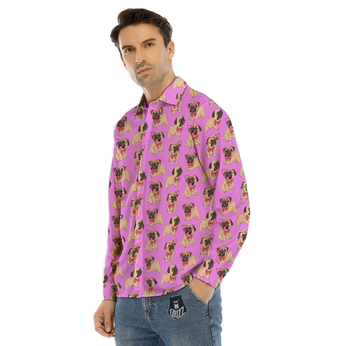 Pug Cute Print Pattern Men's Dress Shirts-grizzshop