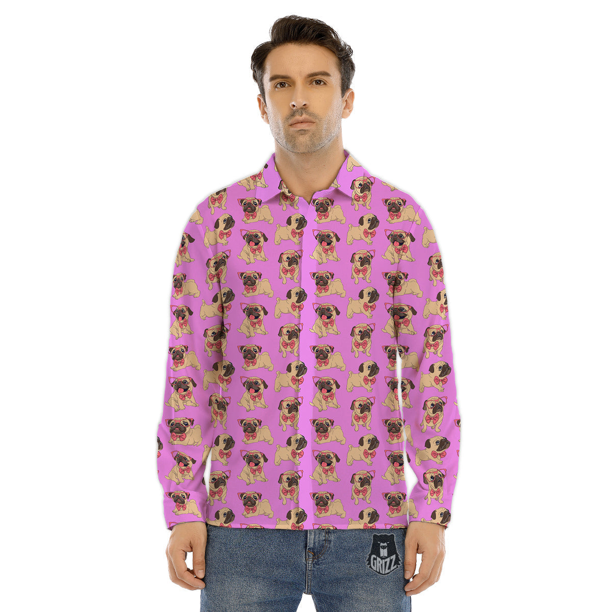 Pug Cute Print Pattern Men's Dress Shirts-grizzshop