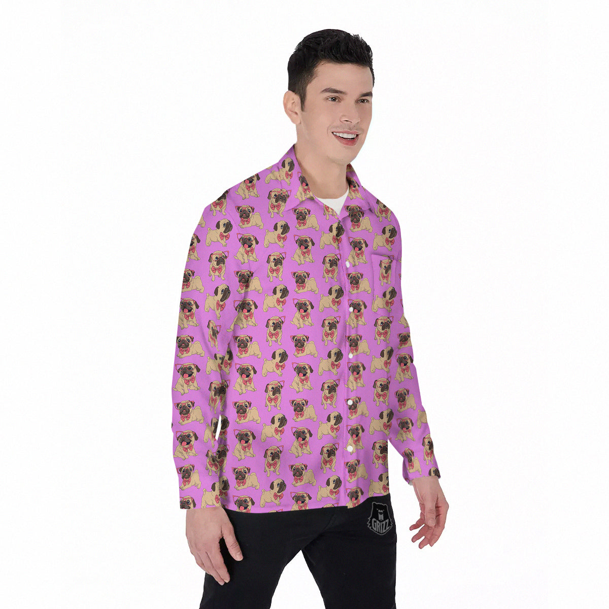 Pug Cute Print Pattern Men's Long Sleeve Shirts-grizzshop