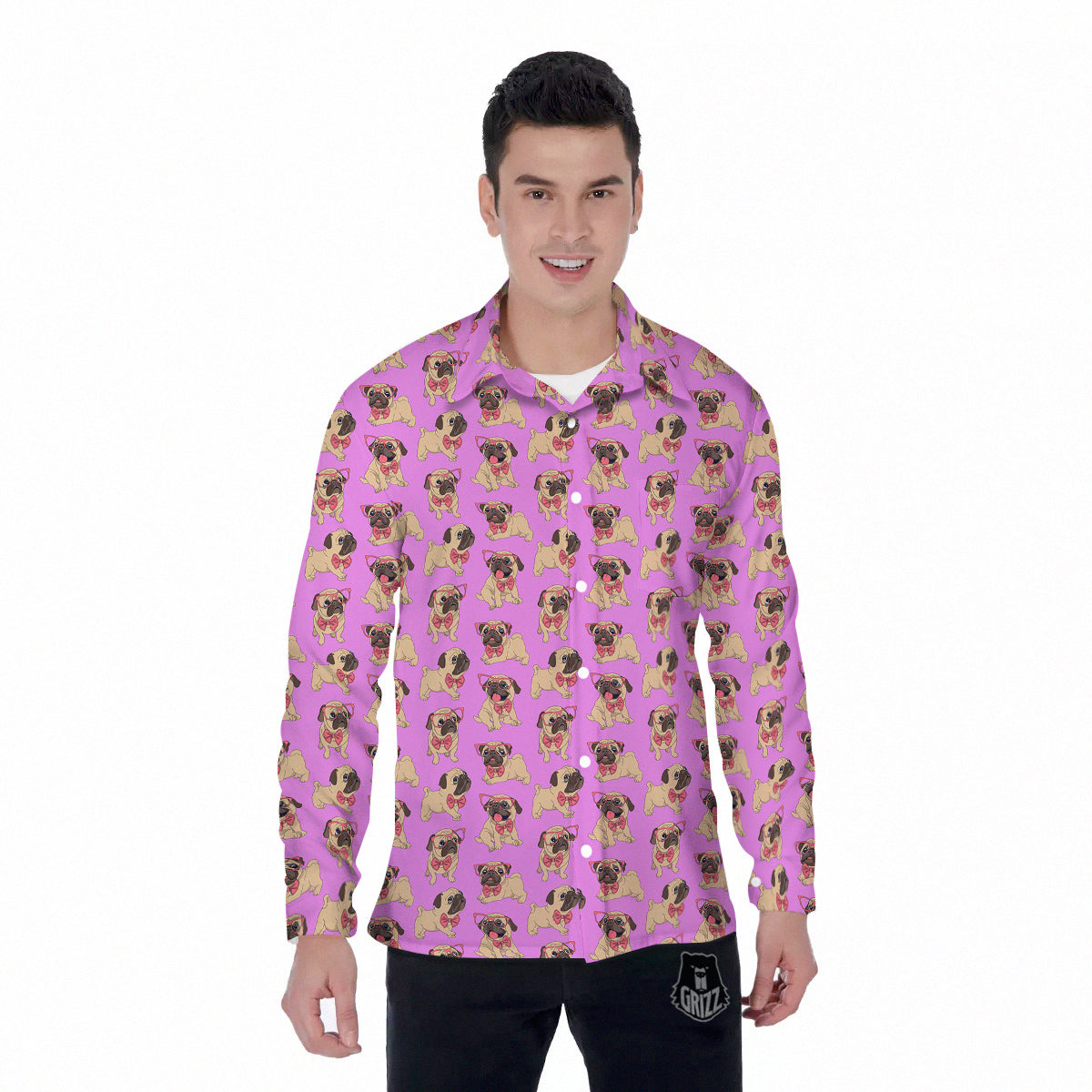 Pug Cute Print Pattern Men's Long Sleeve Shirts-grizzshop