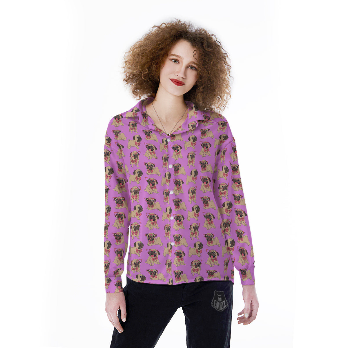Pug Cute Print Pattern Women's Long Sleeve Shirts-grizzshop