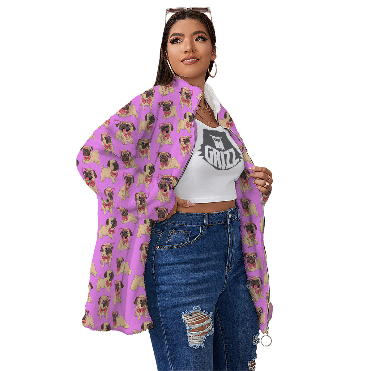 Pug Cute Print Pattern Women's Sherpa Jacket-grizzshop