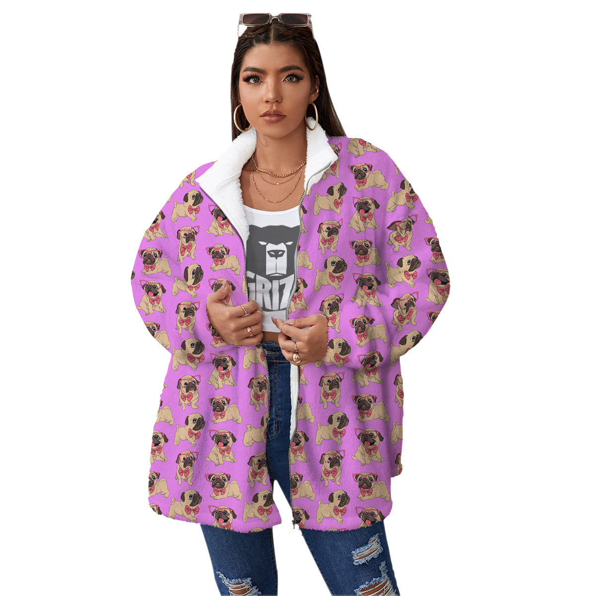 Pug Cute Print Pattern Women's Sherpa Jacket-grizzshop