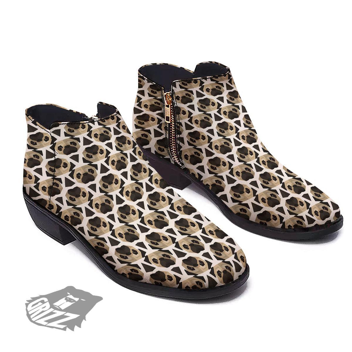 Pug Geometric Print Pattern Ankle Boots-grizzshop