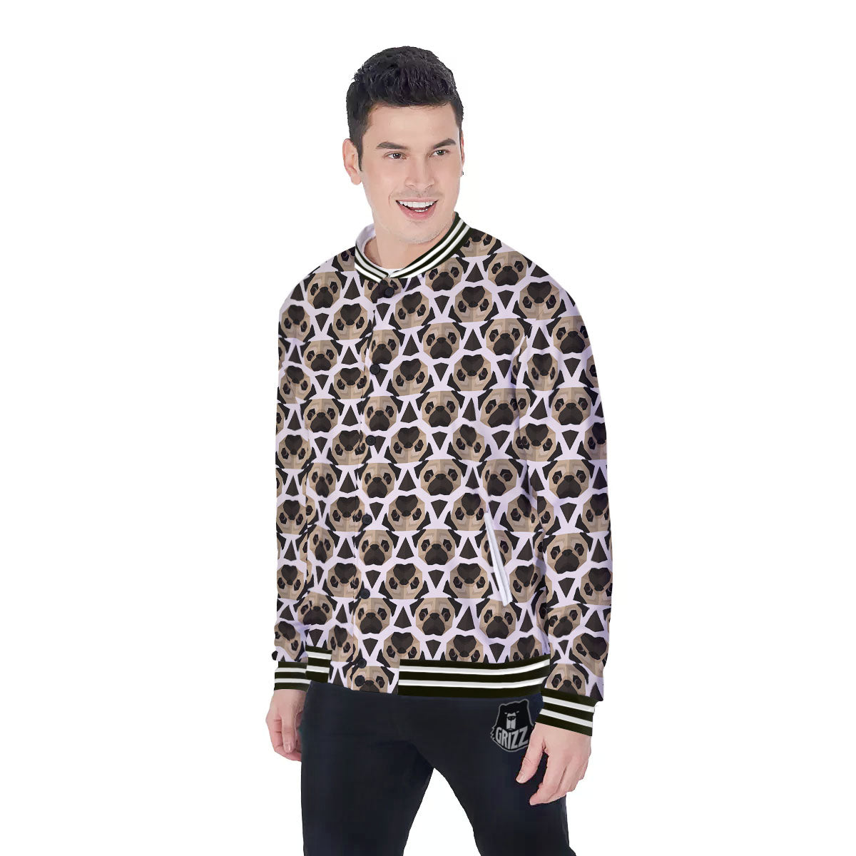 Pug Geometric Print Pattern Baseball Jacket-grizzshop