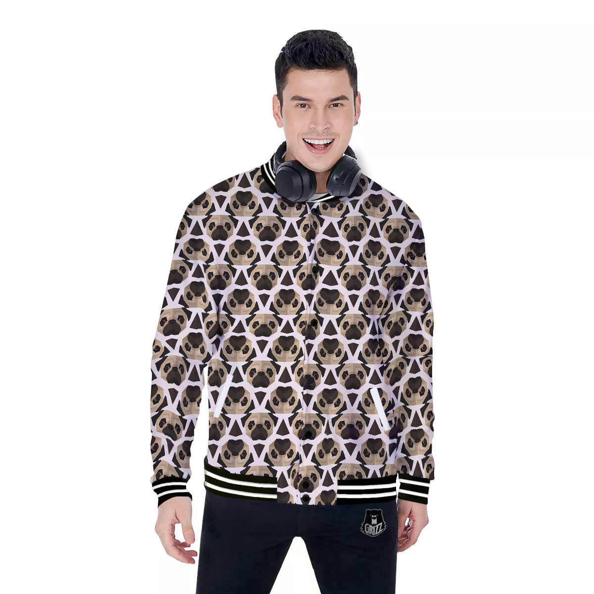 Pug Geometric Print Pattern Baseball Jacket-grizzshop