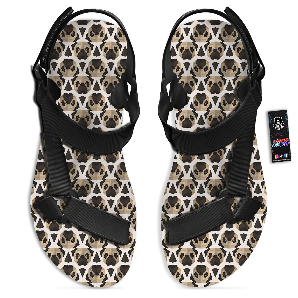 Pug Geometric Print Pattern Black Open Toe Sandals-grizzshop