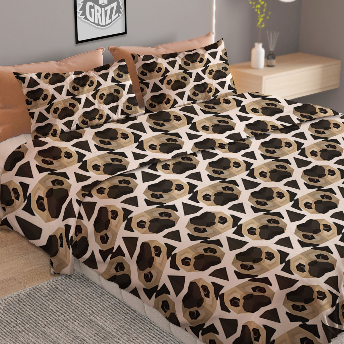 Pug Geometric Print Pattern Duvet Cover Bedding Set