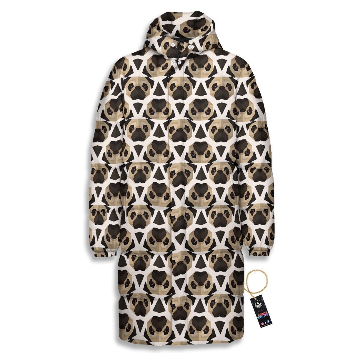 Pug Geometric Print Pattern Long Down Jacket-grizzshop