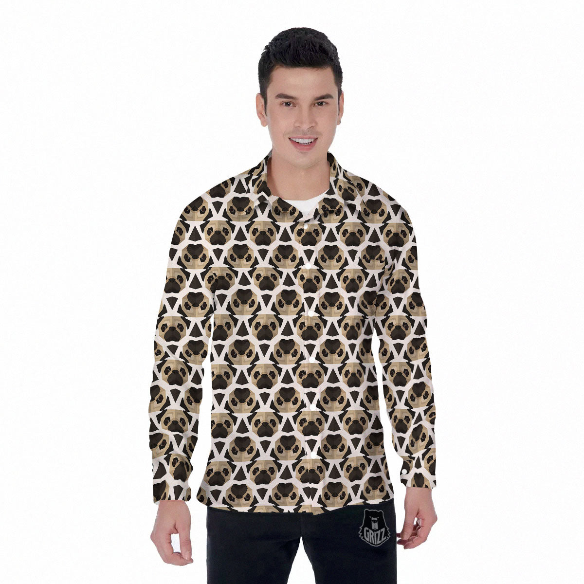 Pug Geometric Print Pattern Men's Long Sleeve Shirts-grizzshop