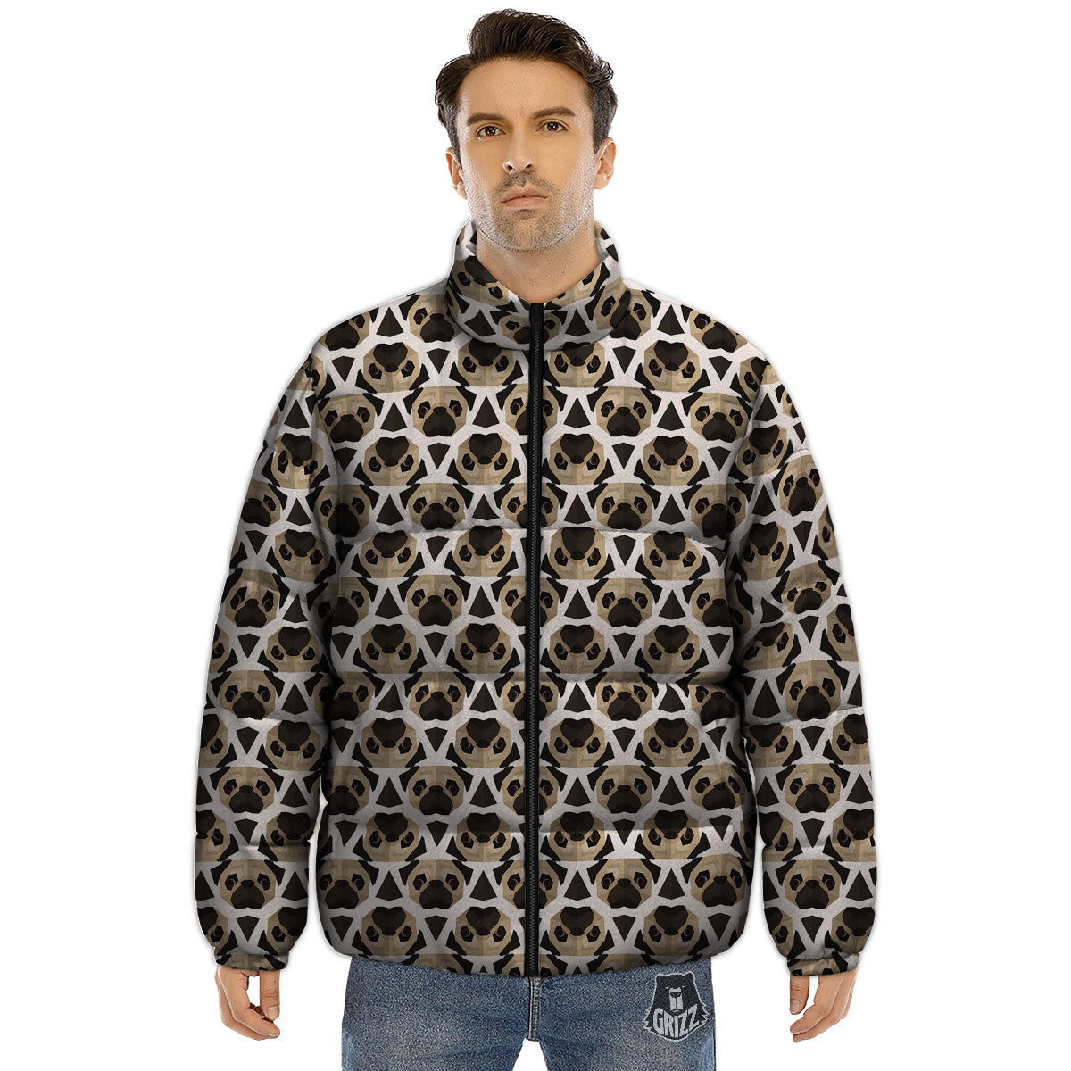 Pug Geometric Print Pattern Puffer Jacket-grizzshop