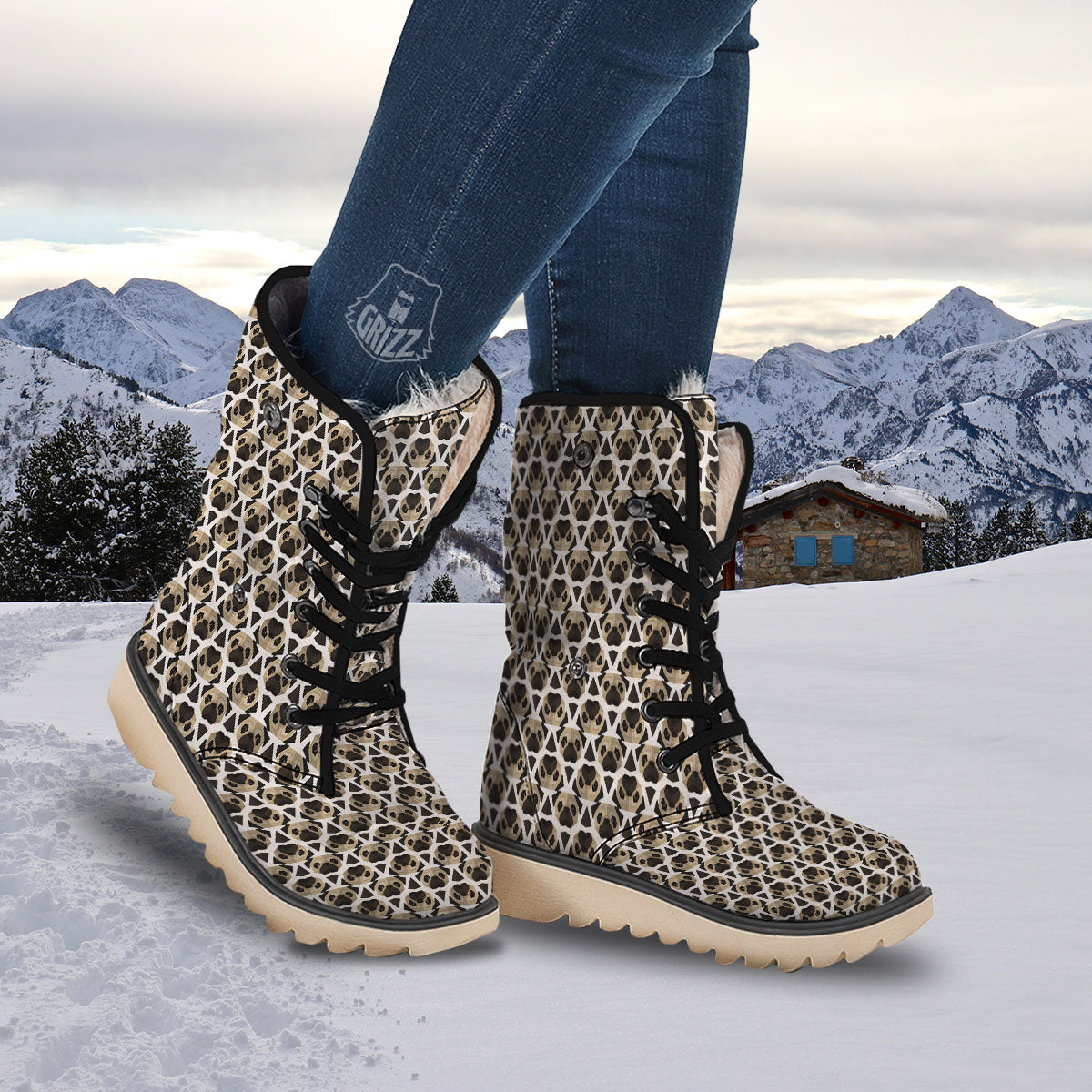 Pug Geometric Print Pattern Snow Boots-grizzshop