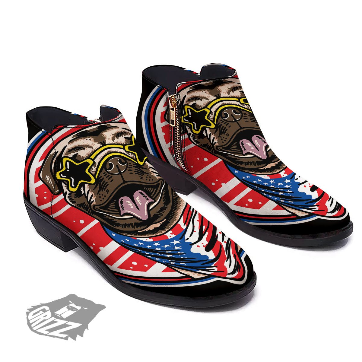 Pug Hipster Print Ankle Boots-grizzshop