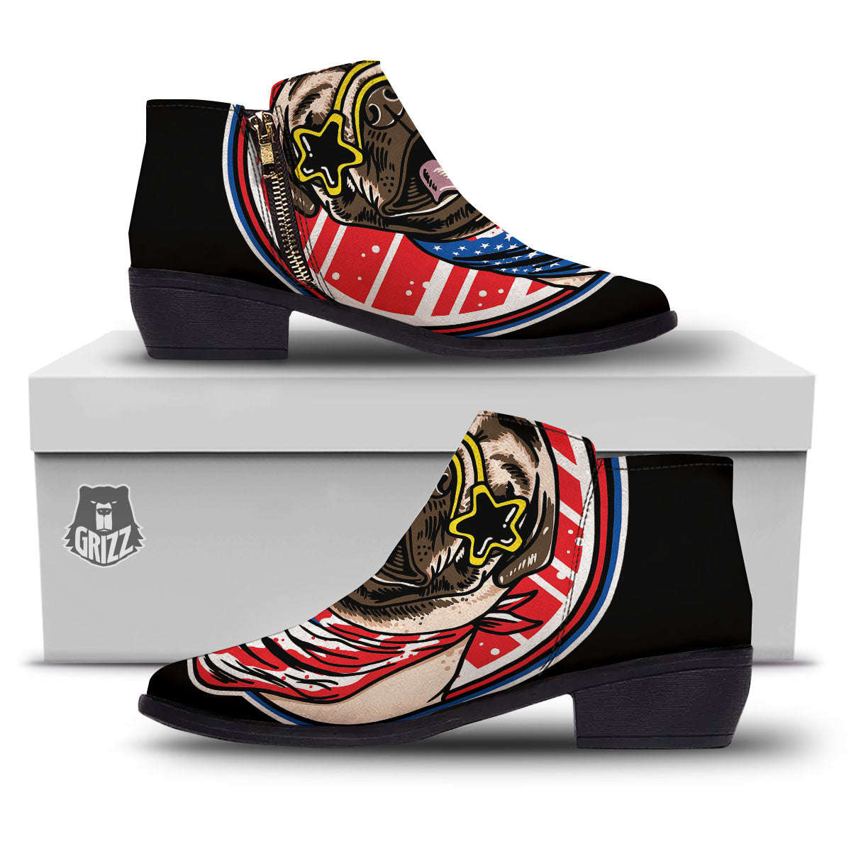 Pug Hipster Print Ankle Boots-grizzshop