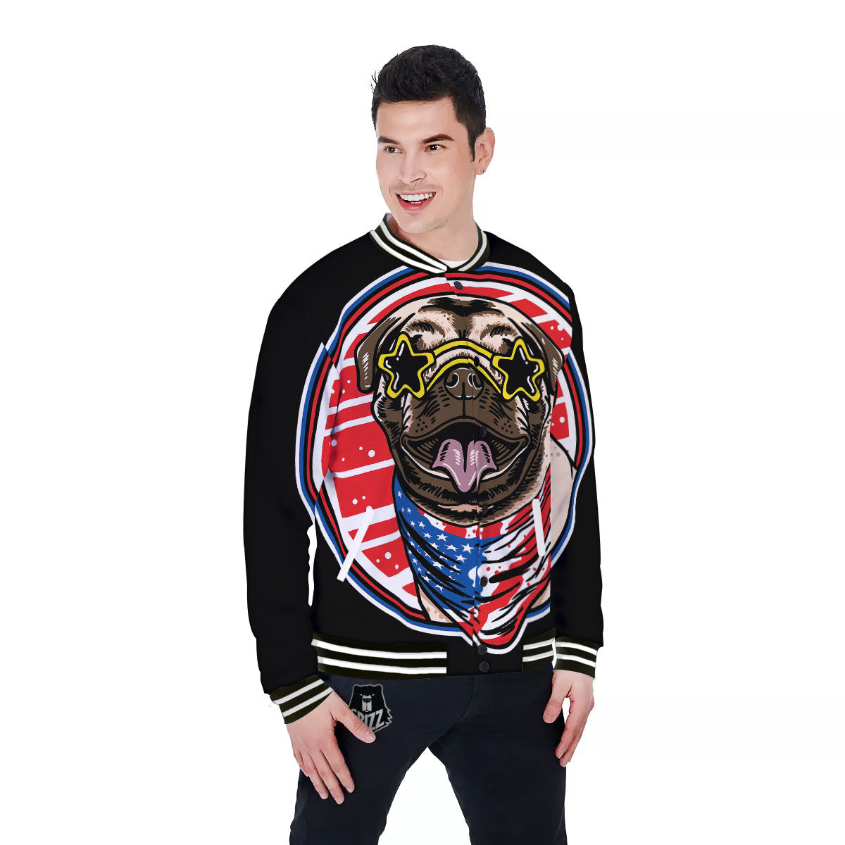 Pug Hipster Print Baseball Jacket-grizzshop