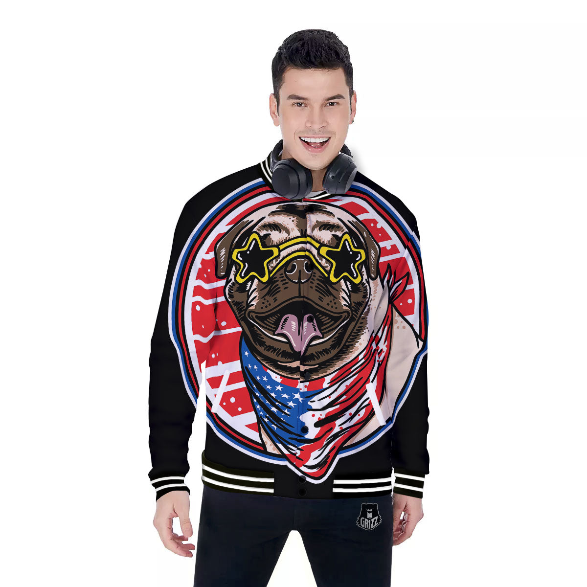 Pug Hipster Print Baseball Jacket-grizzshop