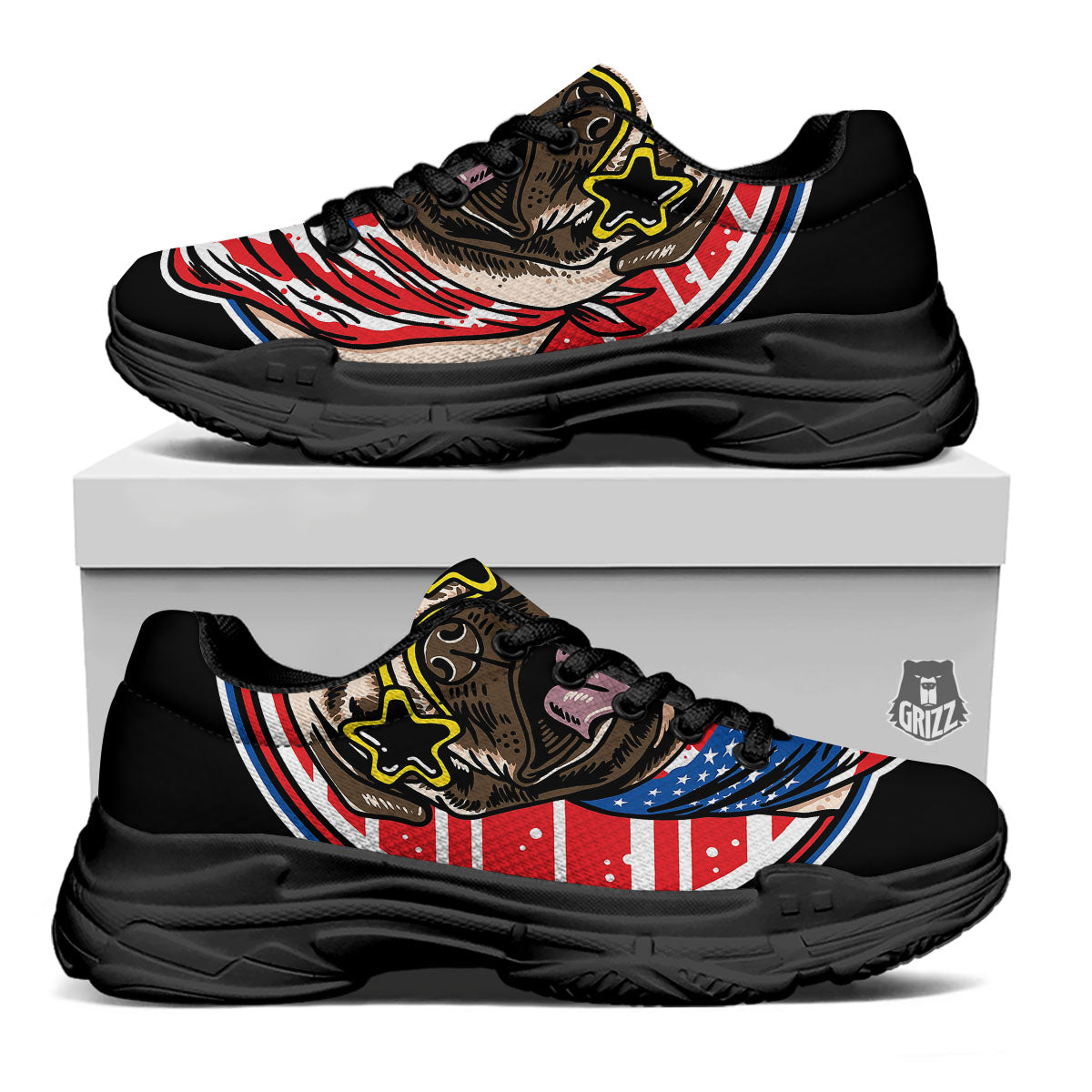 Pug Hipster Print Black Chunky Shoes-grizzshop