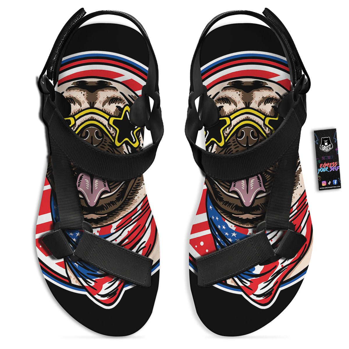 Pug Hipster Print Black Open Toe Sandals-grizzshop