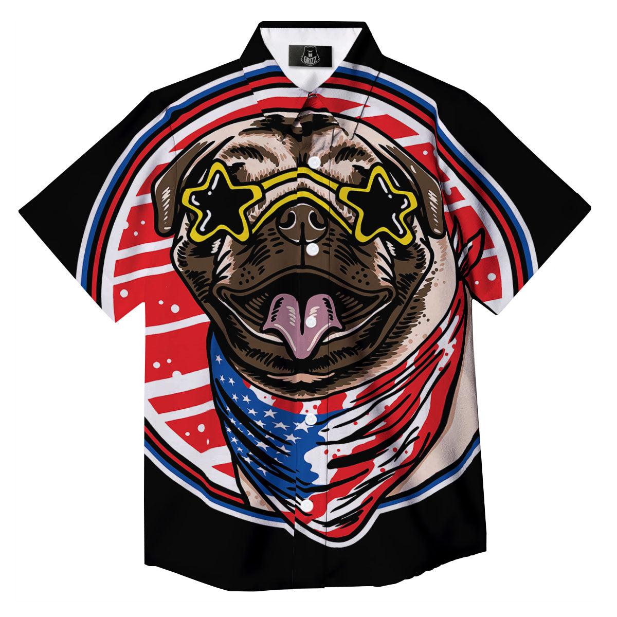Pug Hipster Print Button Up Shirt-grizzshop