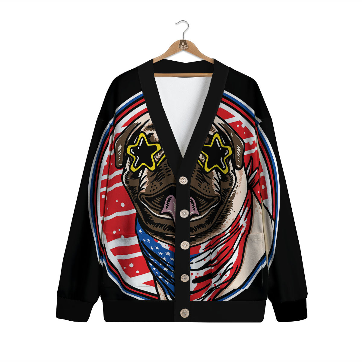 Pug Hipster Print Cardigan-grizzshop