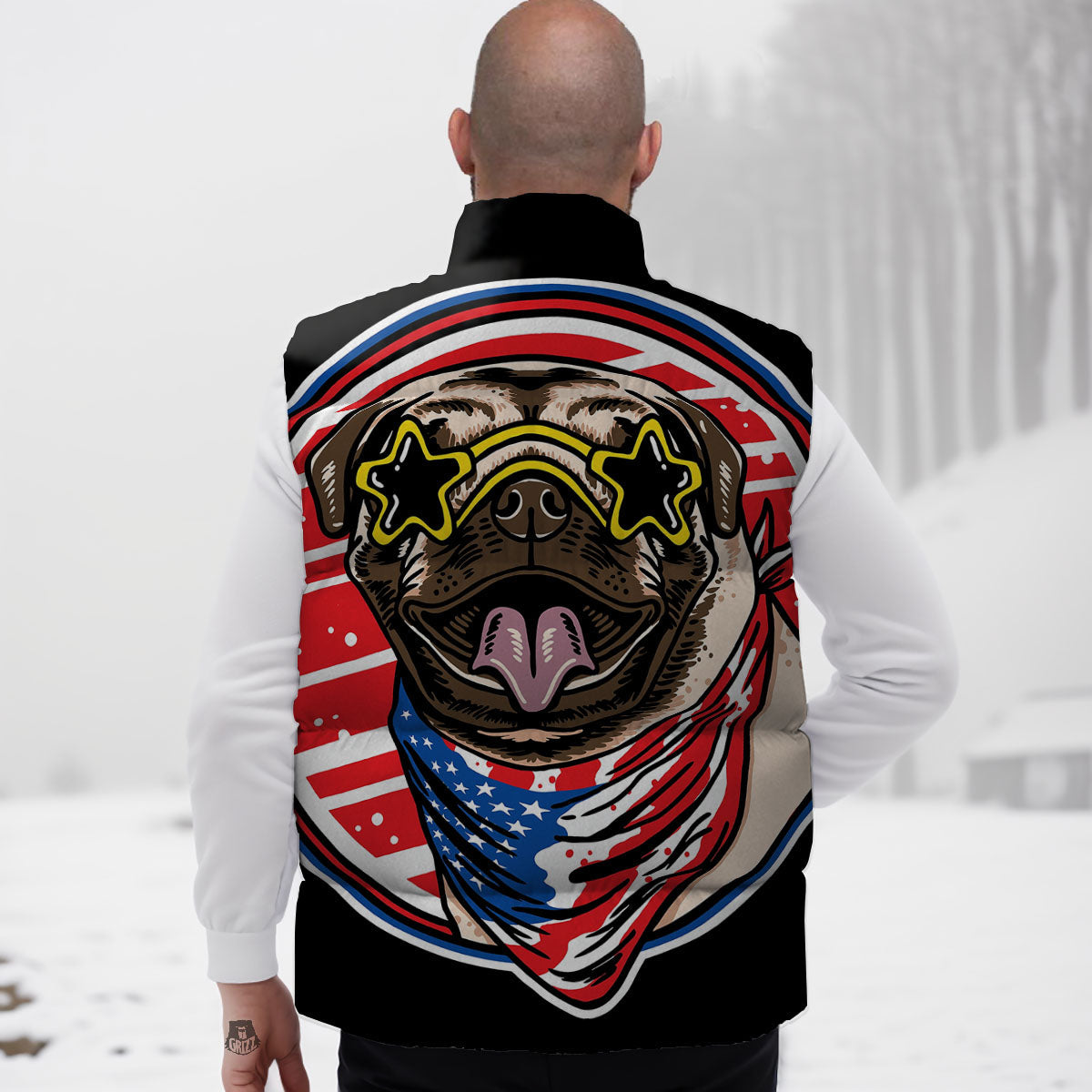 Pug Hipster Print Down Vest