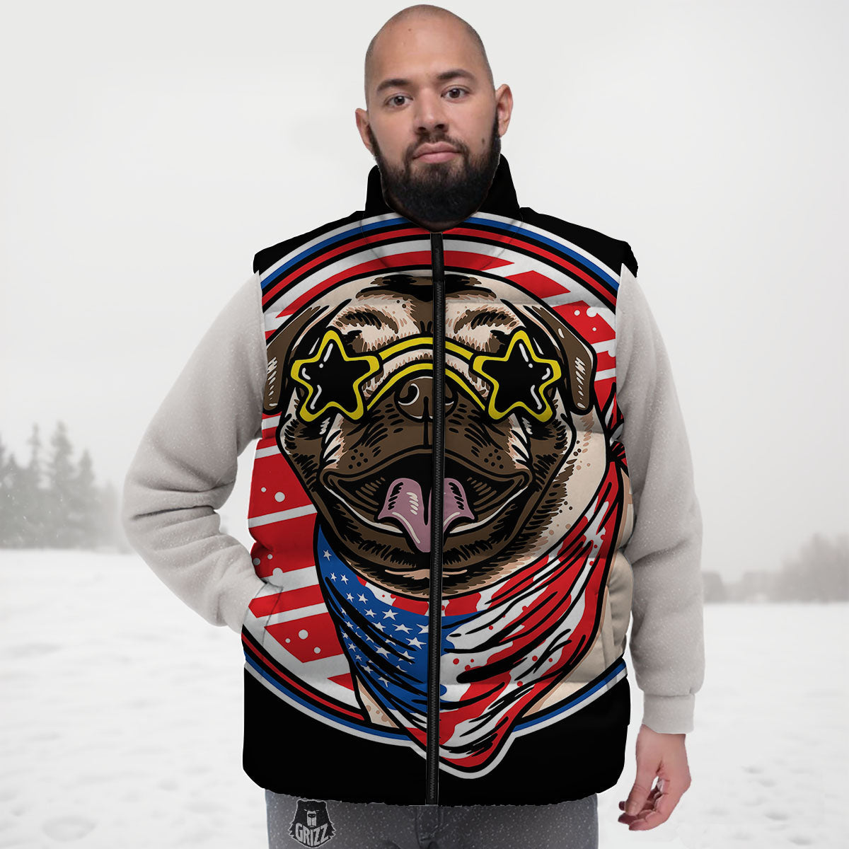 Pug Hipster Print Down Vest