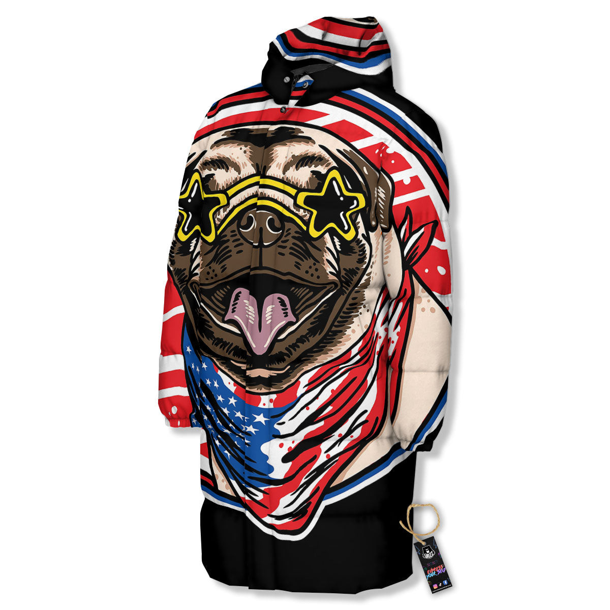 Pug Hipster Print Long Down Jacket-grizzshop